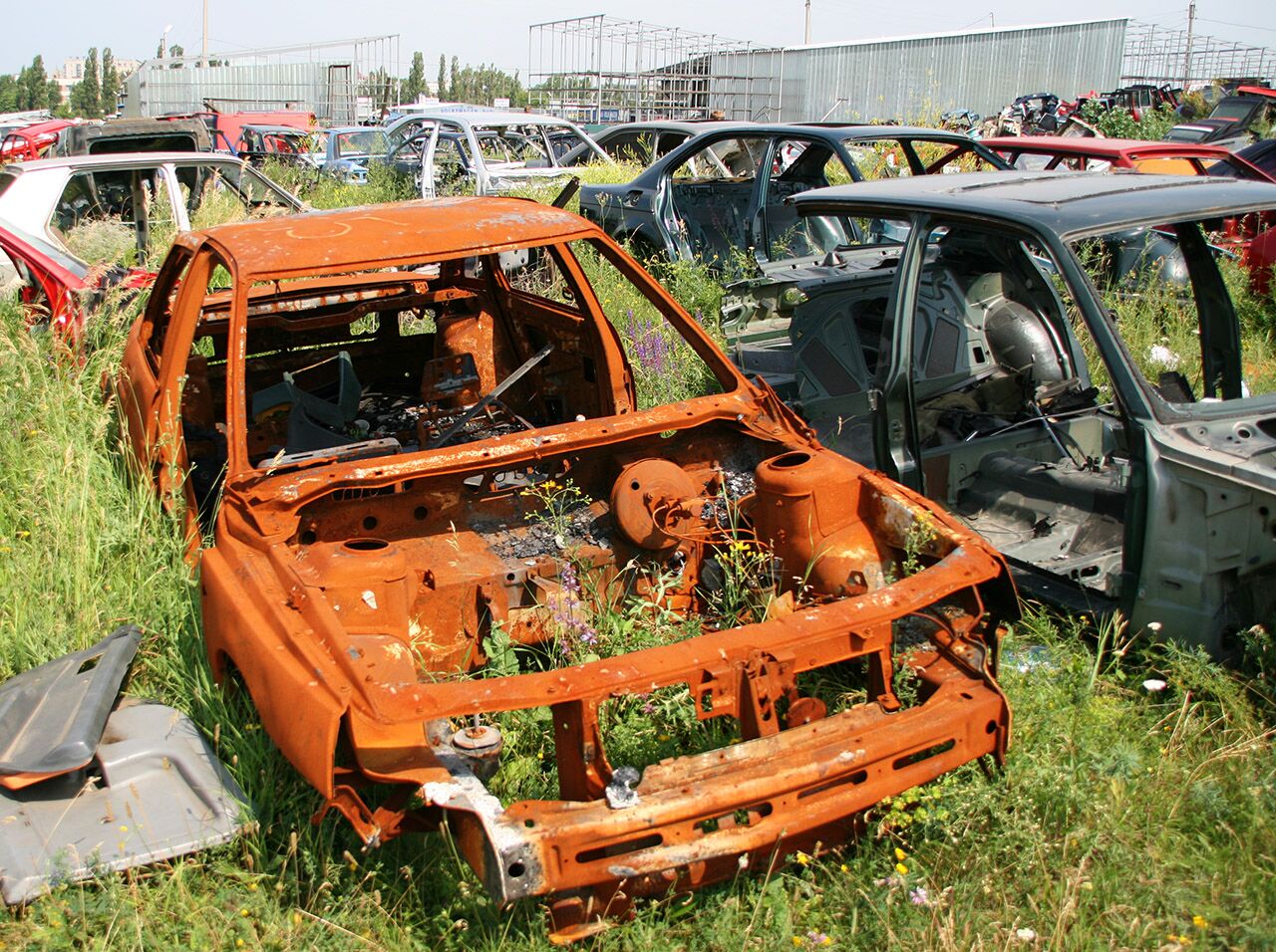 Rusted Car Frame in Wrecker Yard